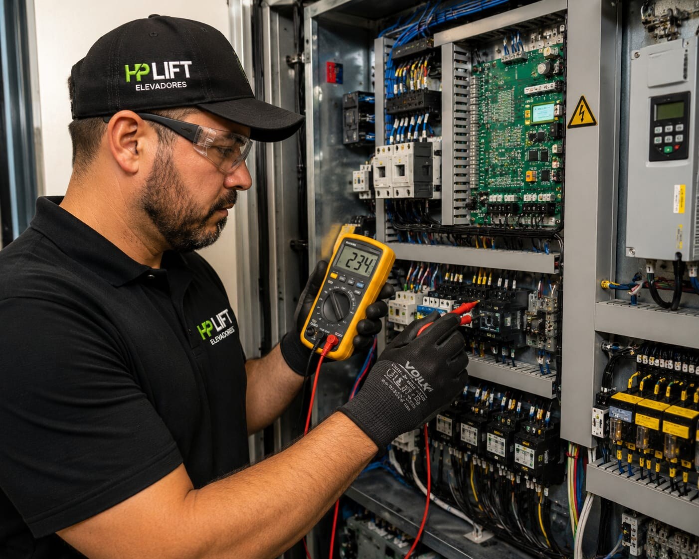 Técnico da HP Lift realizando medição em painel elétrico